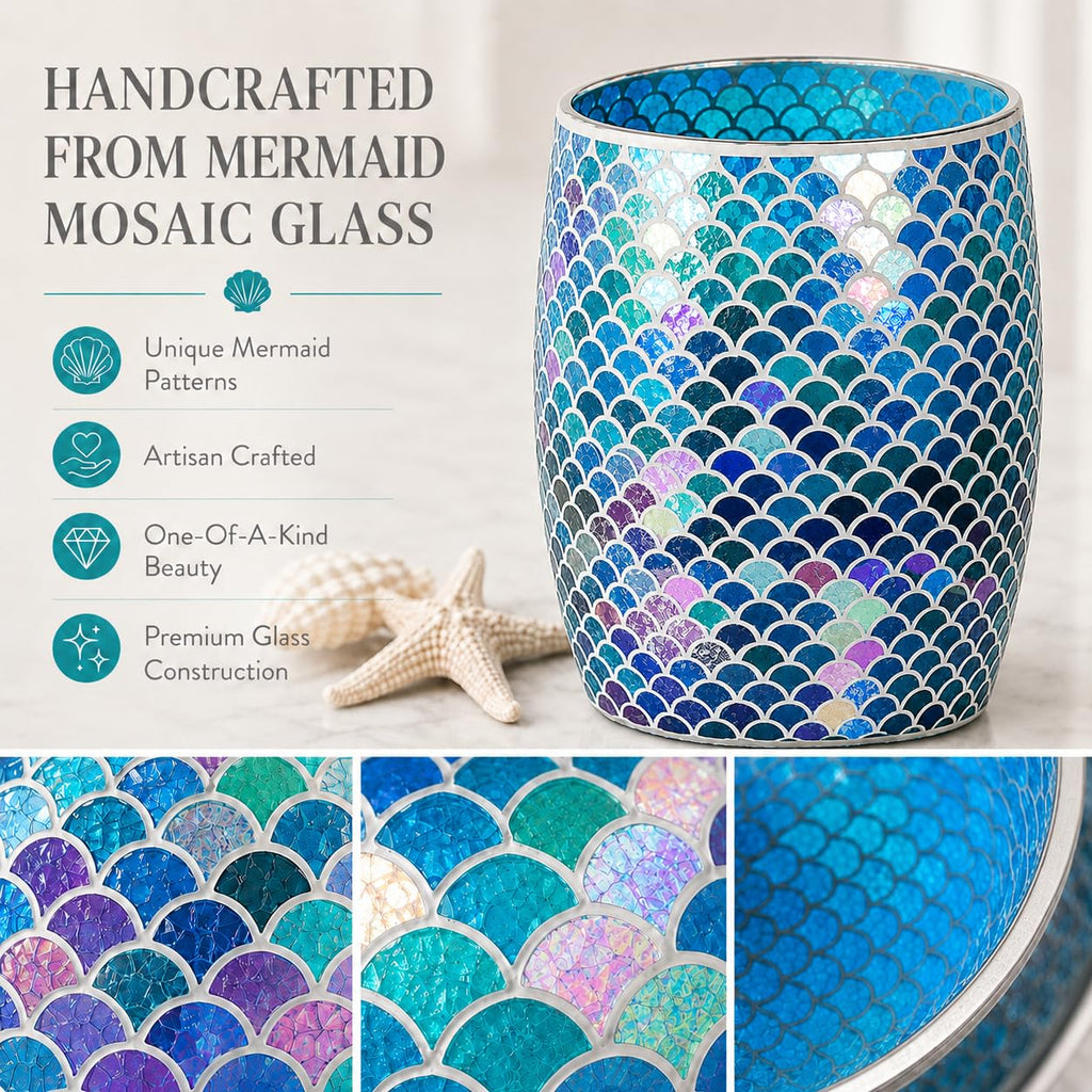 Escenzy Mermaid Bathroom Trash Can, Handmade Mosaic Glass 1.3 Gal / 5L | Decorative Waste Basket for Bathroom, Bedroom, Office | Luxury Mermaid Bathroom Decor | Coastal Home Decor Gift