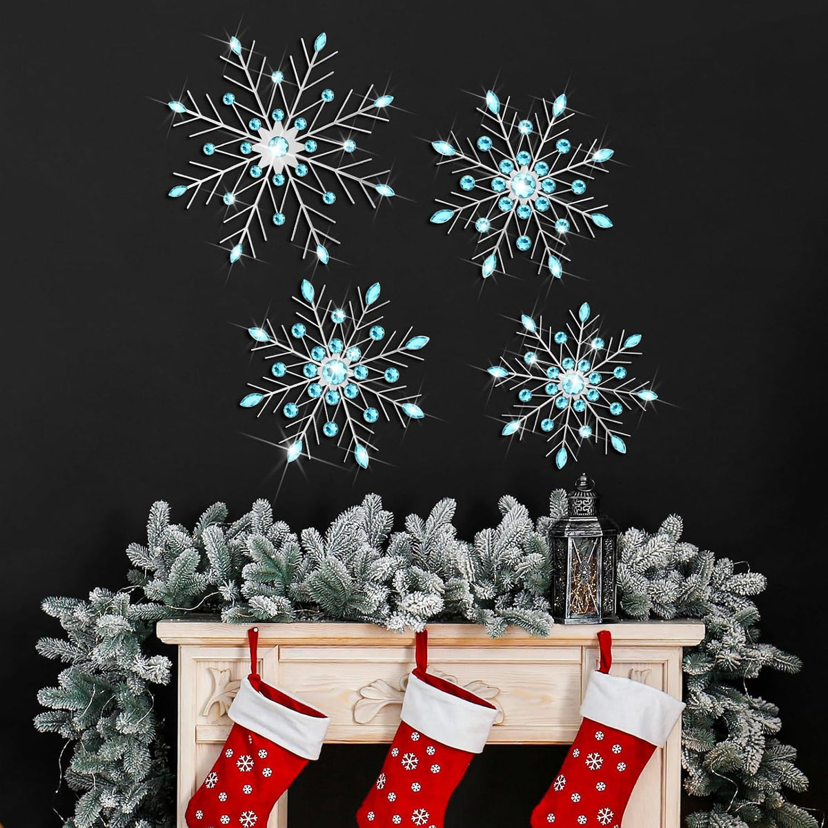 Hicarer 4 Pcs 12" 10" 8" Snowflake Metal Wall Art Rhinestones 3D Decor Christmas Silver Hanging Metal Artwork Wall Decor Glitter Crafts Snowflake Decorations for Living Room (Blue)