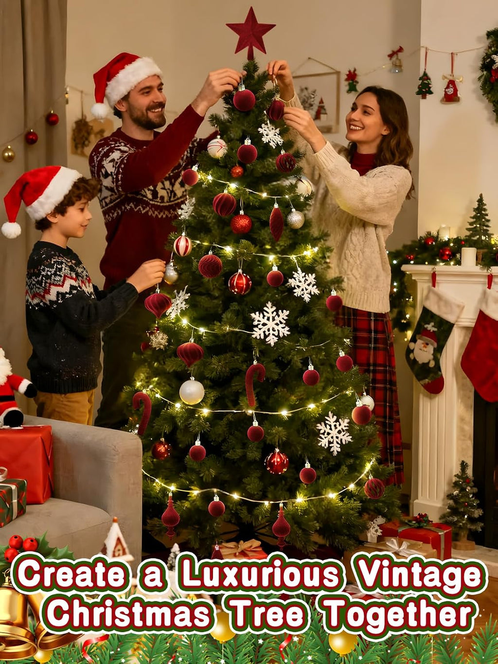 Acostop Burgundy Velvet Star Christmas Tree Topper & Ornaments Set, 30Pcs