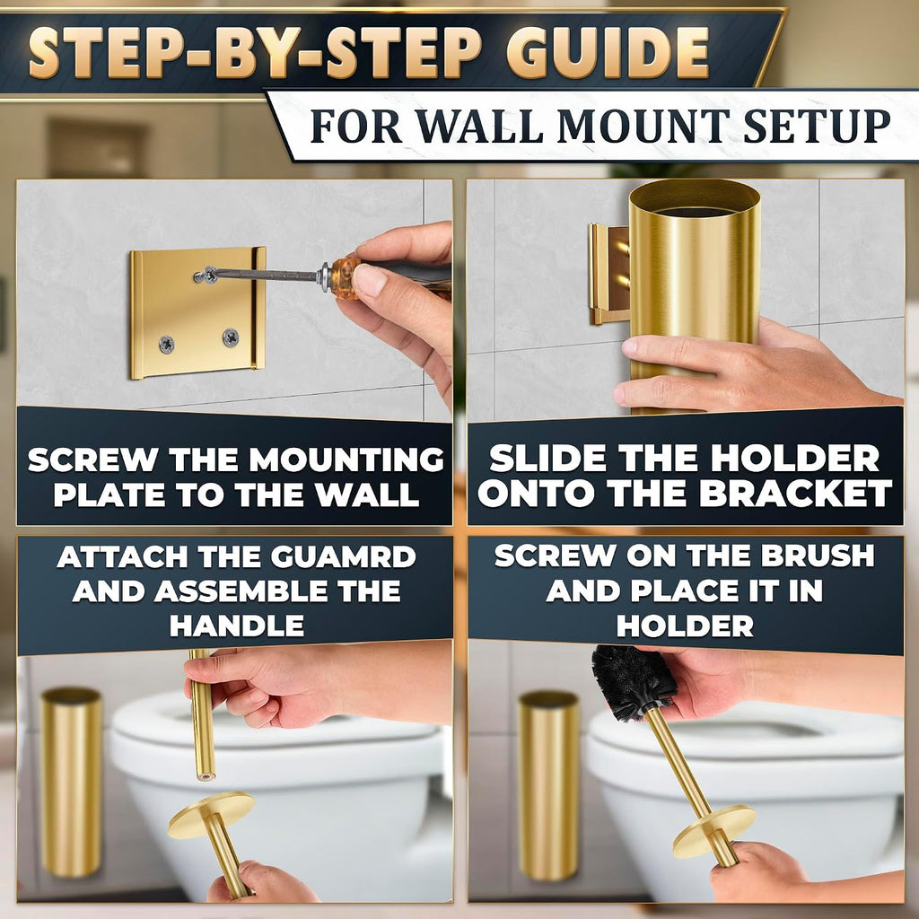 Brushed Gold Toilet Brush and Holder Set, Wall Mounted Toilet Brush Holder