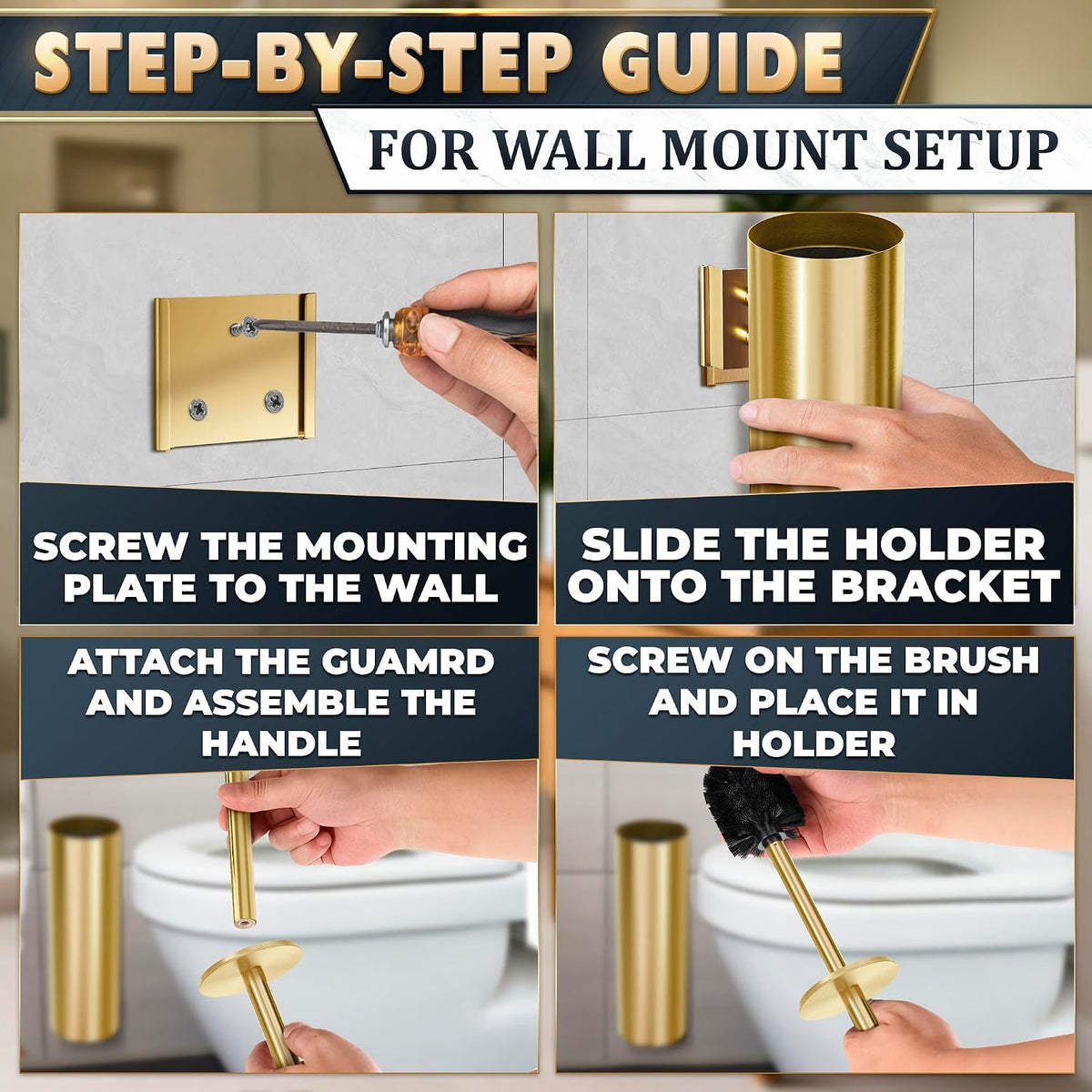 Brushed Gold Toilet Brush and Holder Set, Wall Mounted Toilet Brush Holder
