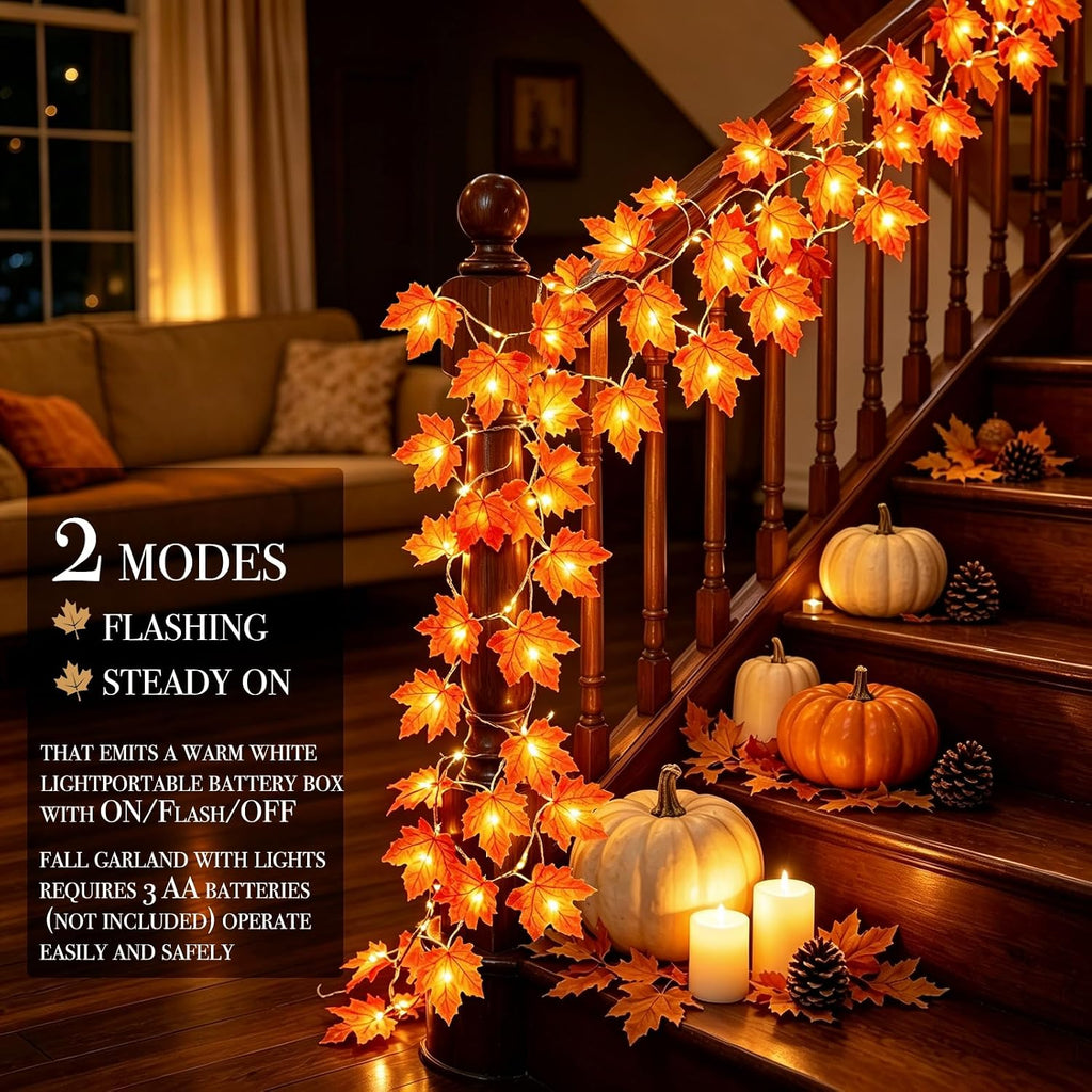 Thanksgiving Decor 2 Pack Fall Garland with Lights Enlarged Maple Leaves