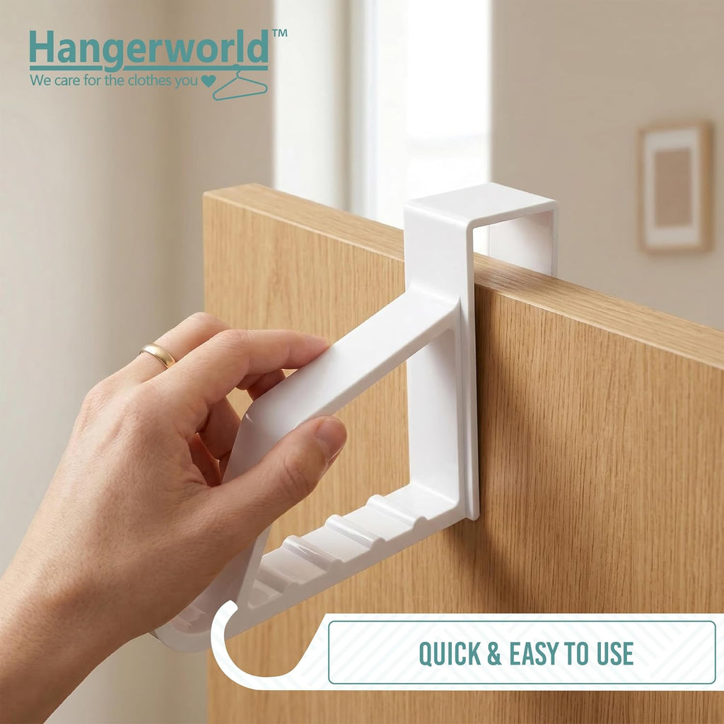 HANGERWORLD 2 Pack Over The Door Hooks for Hangers - Extra Strong White Plastic Over Door Hook for Hanging Clothes, Towels, Robes, Hats, Bags and More