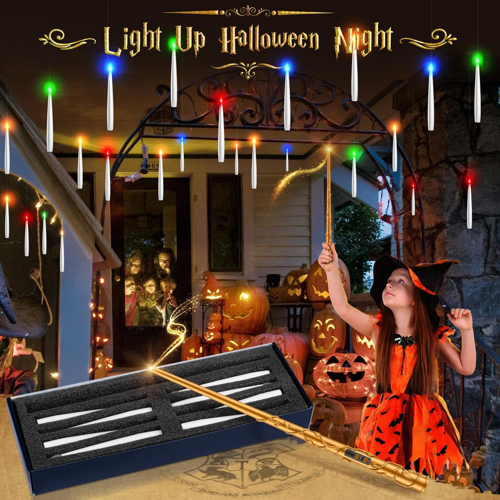 TLPUHU Floating Candles 18 Pcs with Magic Wand Remote, Halloween Decorations Multicolor Hanging Candles with String Battery Operated Flameless Taper Candle for Christmas Party Home Room Decor