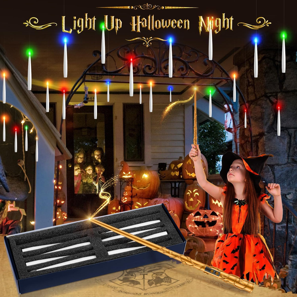 TLPUHU Floating Candles 18 Pcs with Magic Wand Remote, Halloween Decorations Multicolor Hanging Candles with String Battery Operated Flameless Taper Candle for Christmas Party Home Room Decor