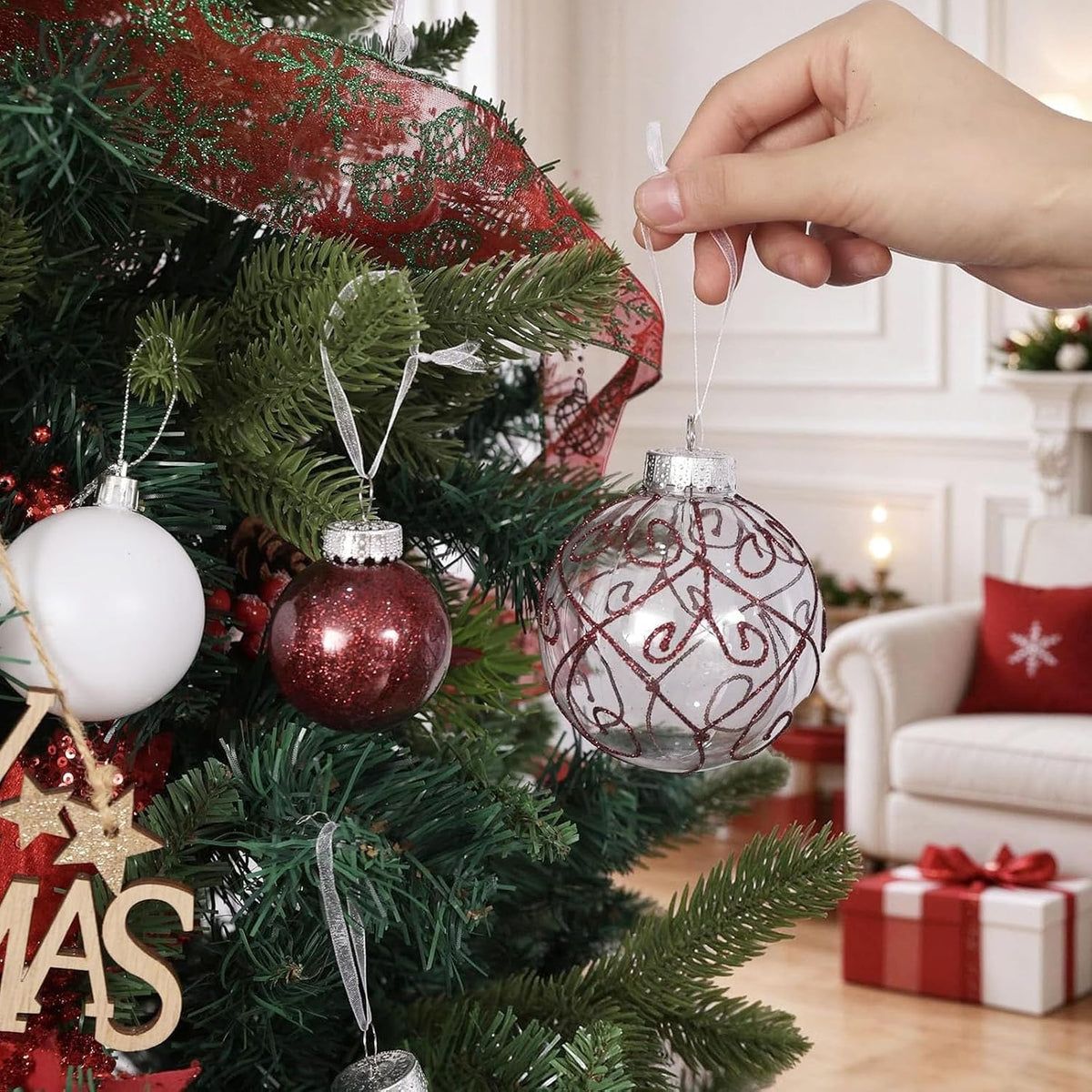 Wironlst Christmas Ball Ornaments Shatterproof Clear Large Plastic Hanging Ball Decorative Baubles Set with Stuffed Delicate Decorations (Multi-Siz, Burgundy)