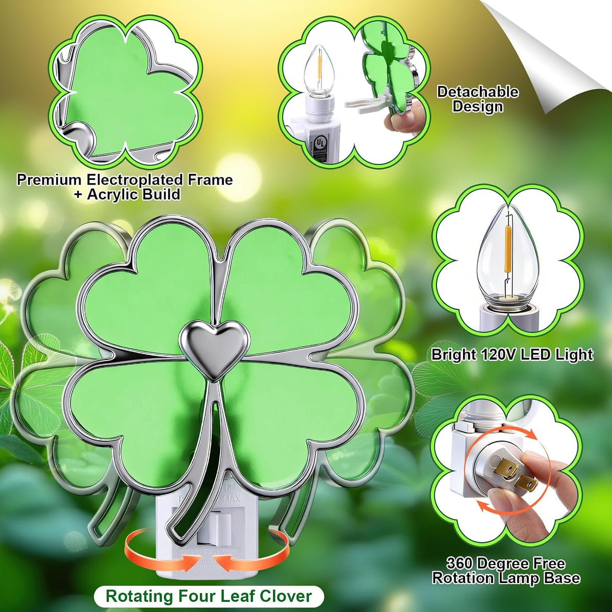 Hohean St. Patrick's Day Lucky Four Leaf Clover Night Light – UL Listed Plug in Irish Decor Lamp with C7 LED, 360° Rotating Plug for Bedroom, Bathroom & Hallway – Green Holiday Lighting Gift