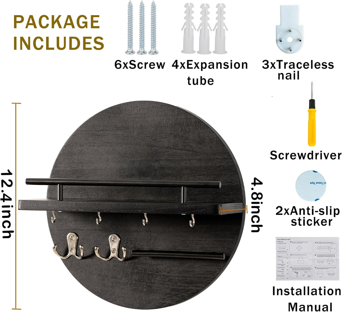 Key Holder Wall Mount with Shelf and Hooks, Mail Organizer for Wall, Black