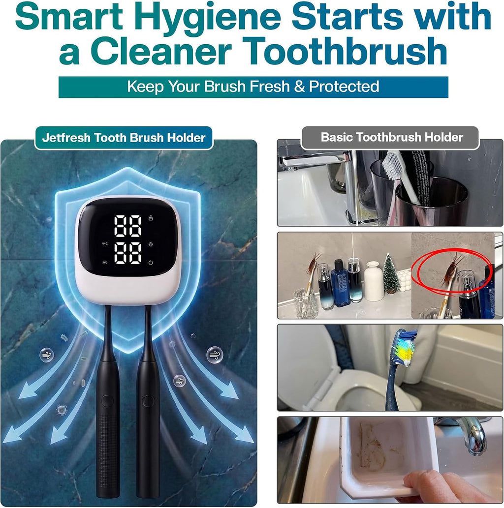 Jetfresh UV Toothbrush Sanitizer and Holder with Fan Drying | Wall Mounted UV-C Toothbrush Cleaner | Tooth Brush Sanitizer Holder Auto Shut-Off, USB Rechargeable, Fits All Brushes.
