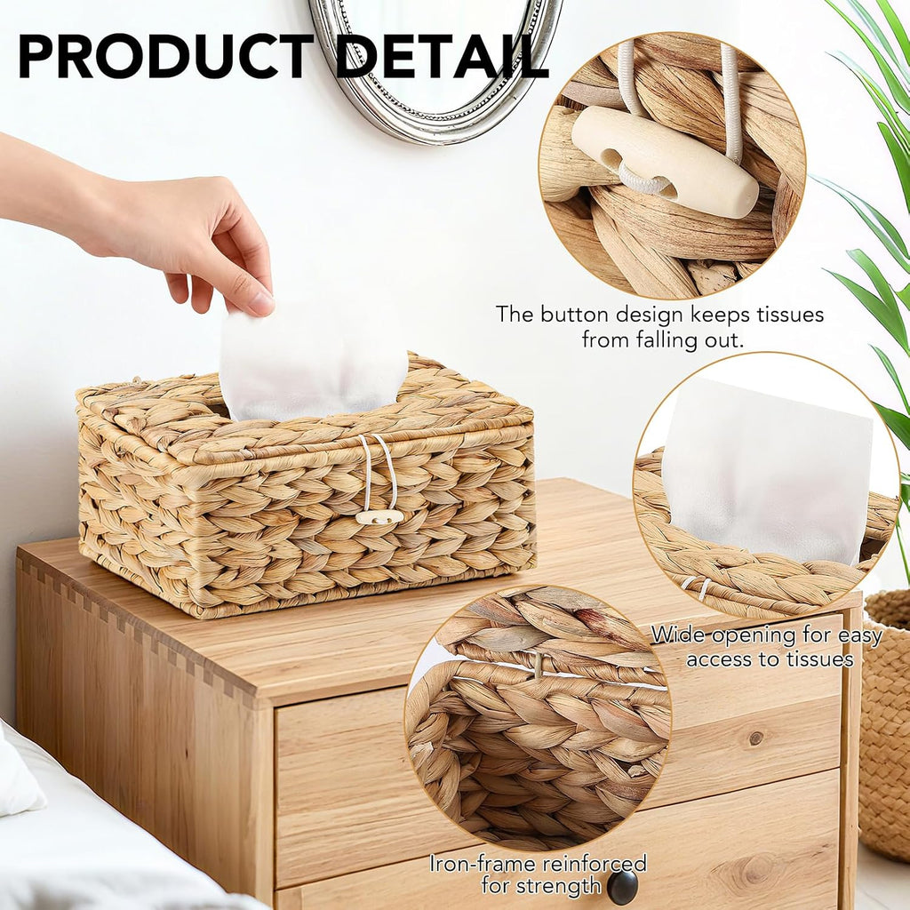 Wicker Trash Can and Rectangle Tissue Box Cover, 4 Gallon Water Hyacinth Bathroom Trash Can, Handwoven Napkin Holder, Narrow Small Waste Basket, Rustic Decorative Home Set for Bedroom,Bathroom,Office