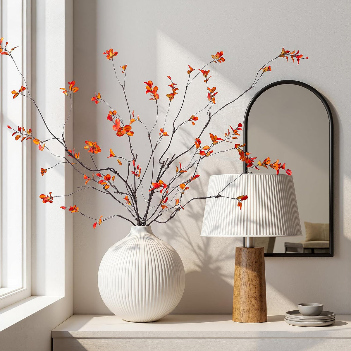4PCS Artificial Orange Branches 47.2", Extra Long Faux Fall Stems for Tall Vase, Decorative Autumn Branches with Orange Leaves, Bendable Stems for Floor Vase Fall Home Decor
