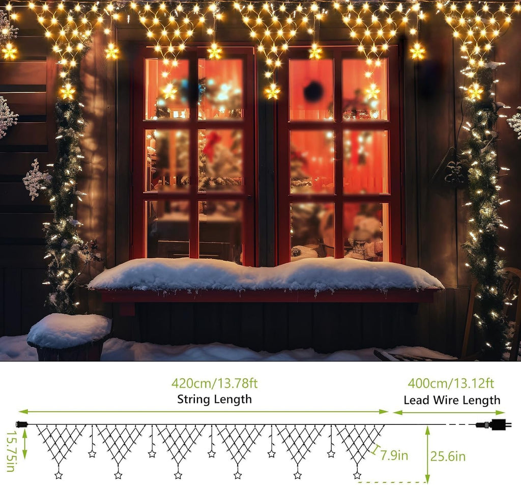 DANLI Christmas Lights Outdoor 13.8ft 218 LED Connectable String Lights with 11 Drops, Window Curtain Fairy Light with 8 Modes for Garden Eaves Wedding Party Holiday Christmas Decorations