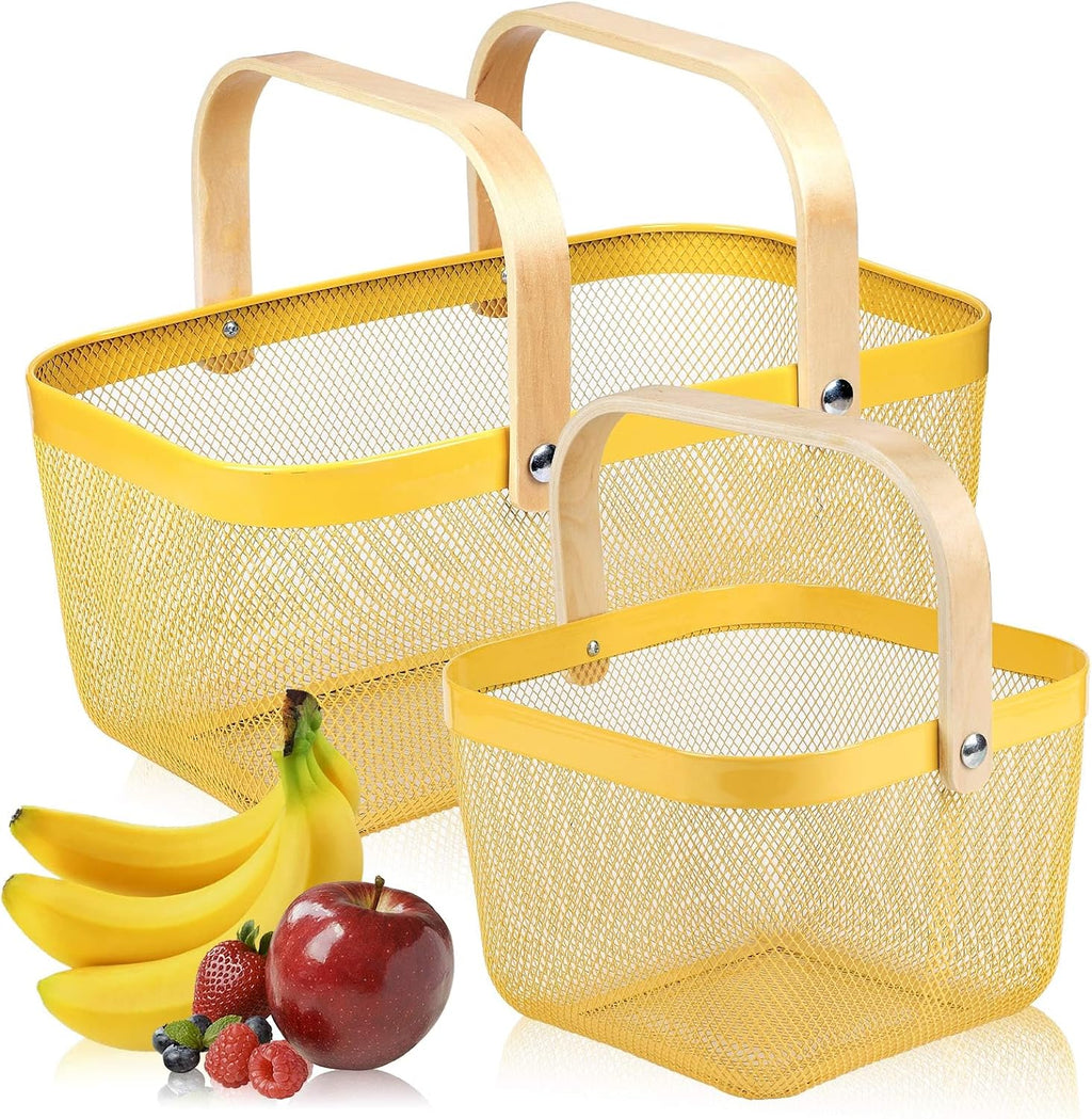 Coloful Metal Mesh Wire Basket with Foldable Wooden Handle,Bin Garden Fruit Vegetable Storage Hanging Harvest Holder for Kitchen Bathroom Picnic (Yellow, Cuboid & Cube)