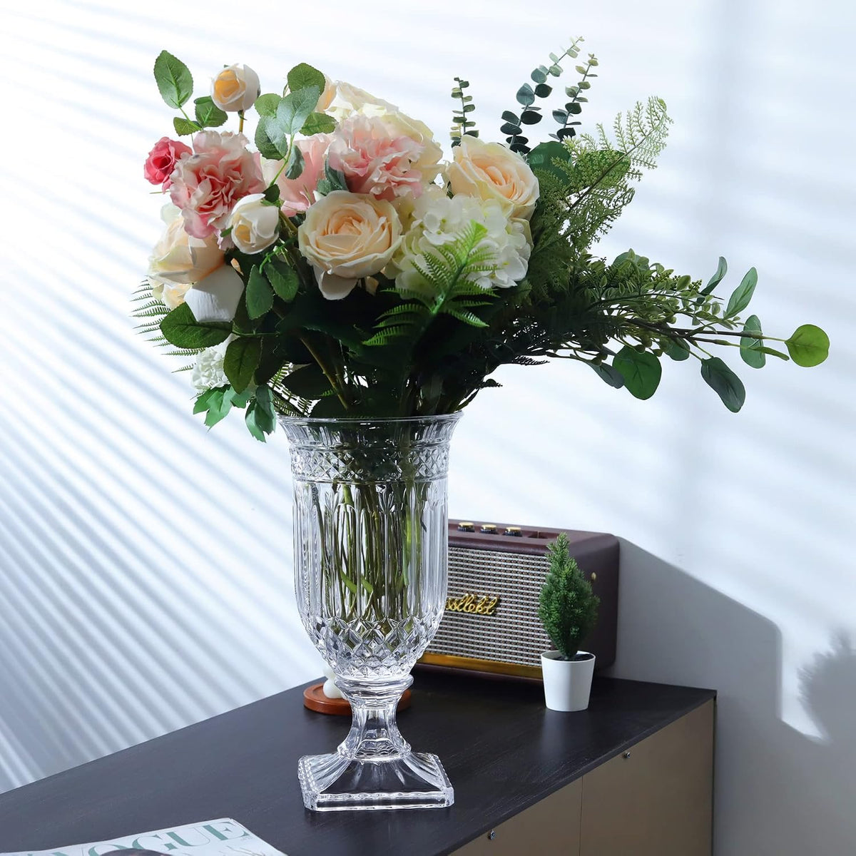 Joeyan 13" Glass Urn Vase,Tall Centerpiece with Ripple Diamond Pattern