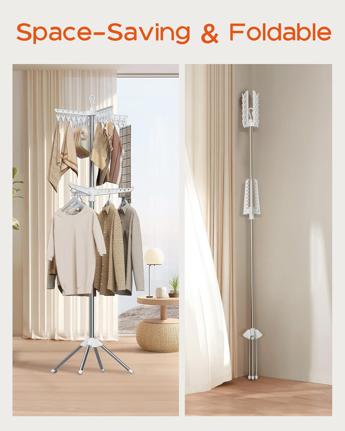 CASAMAYA Clothes Drying Rack Foldable, 72 inch 2 Tier Laundry Drying Rack with Rotating Clothes Rail for 27 Pieces of Clothes, Adjustable, 24 Clips, Space Saving, White and Silver CDR012W01