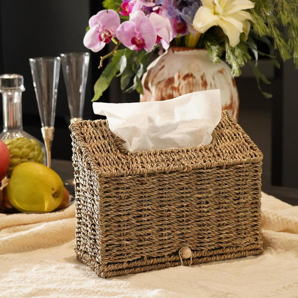 Seagrass Hand Towels Box Cover for Kleenex Disposable Paper Hand Towels, Handwoven Towel Holder, Wicker Tissue Box Cover for Bathroom, Bedroom, Office, Tabletop, Kitchen