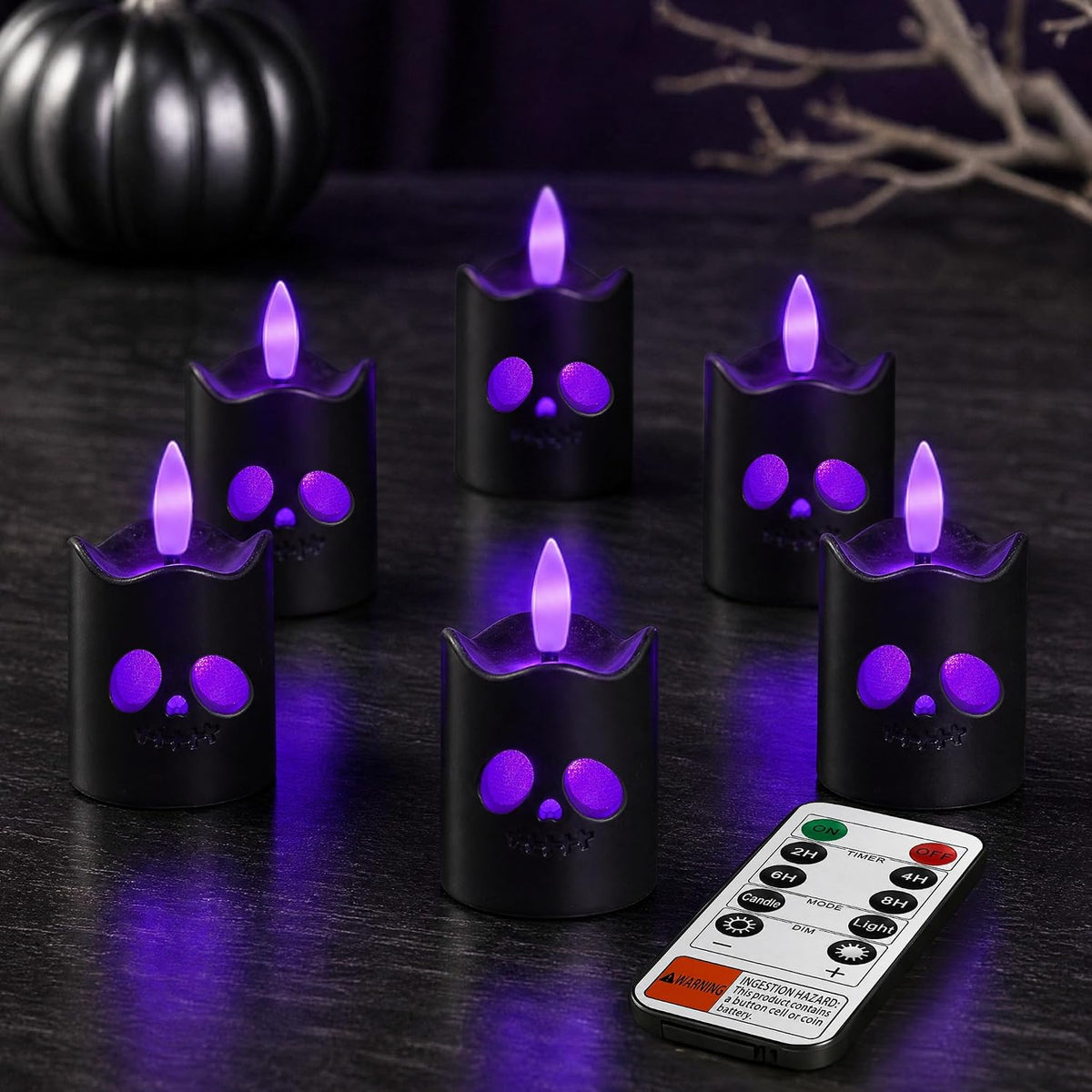 Black Halloween Flameless Votive Candles with Remote, Purple Glow, 6 Pack