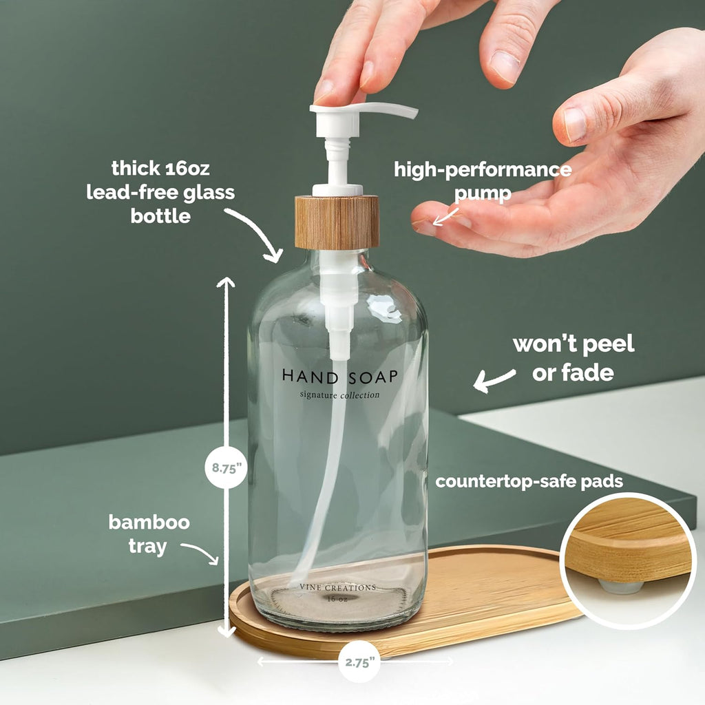 Vine Creations Clear Glass Soap Dispenser Set, Hand Soap and Dish Soap Dispenser Set with Bamboo Tray, 16 oz Glass Dispensers Bottle for Kitchen and Bathroom Decor Modern Boho with Bamboo Pump (Clear)