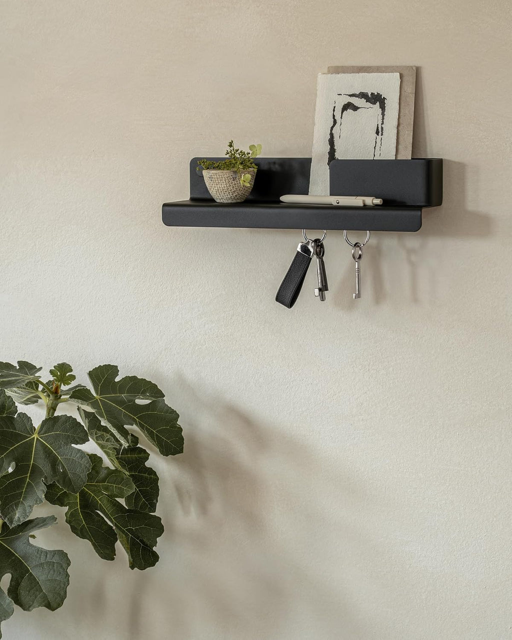 Kazai. Key Holder for Wall 'Holmsen' | Minimalist Key Hooks Design from Berlin | Modern Key Hanger with Metal Shelf | Key Hook Wall Mounted as Hallway Furniture | Black