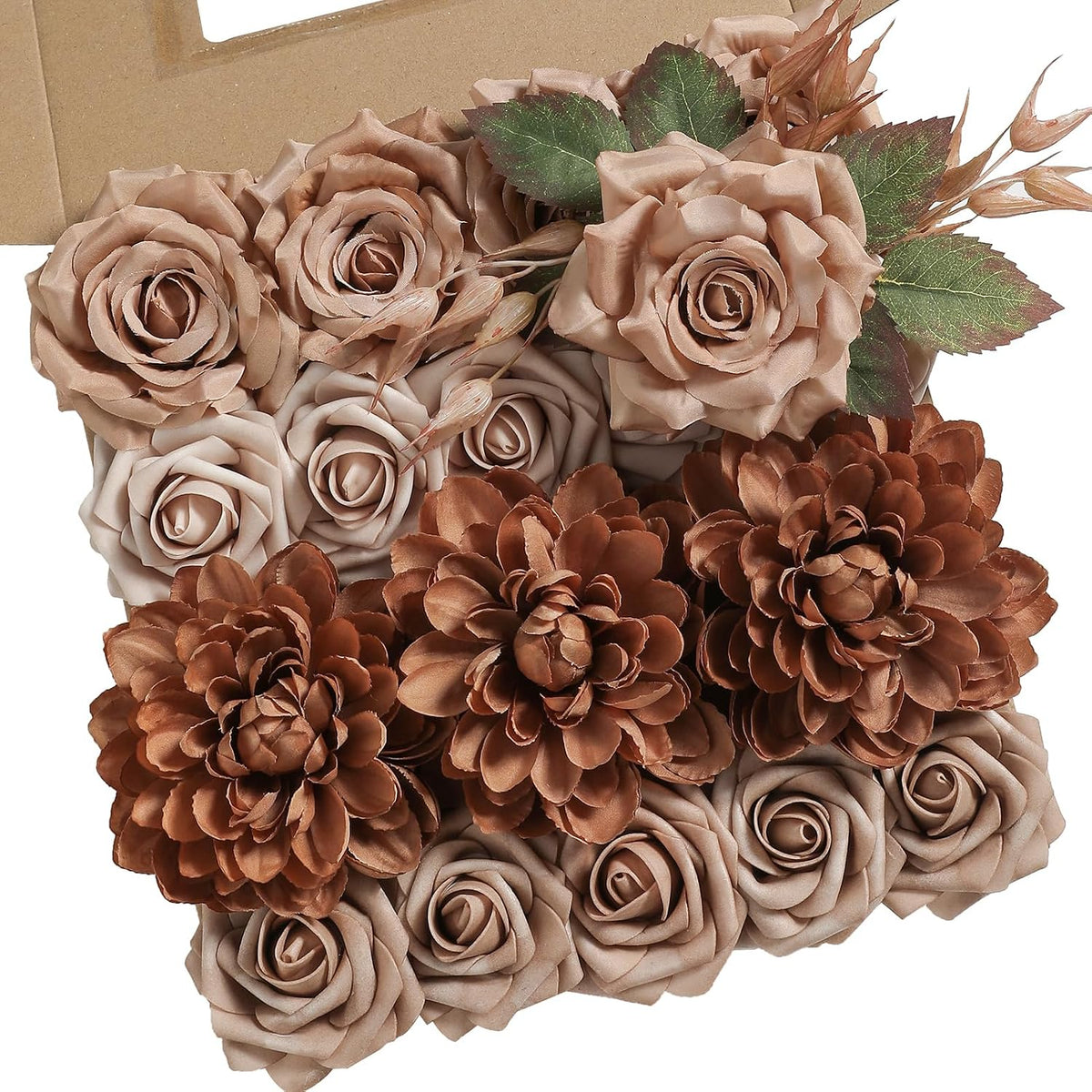 rongflower Artificial Flowers Combo Box Set Dusty Coffee Color Flower Leaf with Stems for DIY Wedding Bouquets Centerpieces Baby Shower Party Home Decorations
