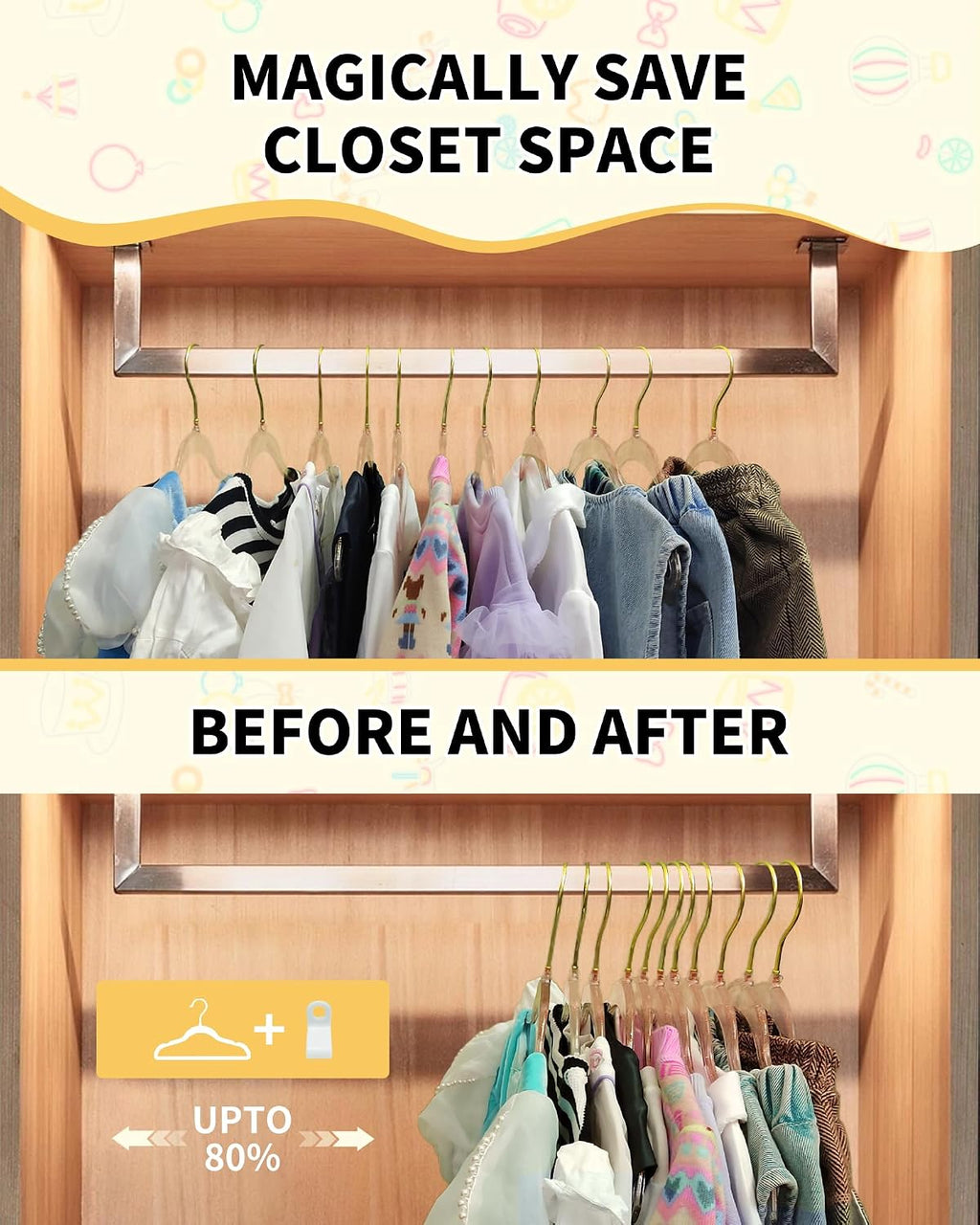 50pcs Slim Clear Toddler Hangers with 10 Connector Hooks for Kid's Closet