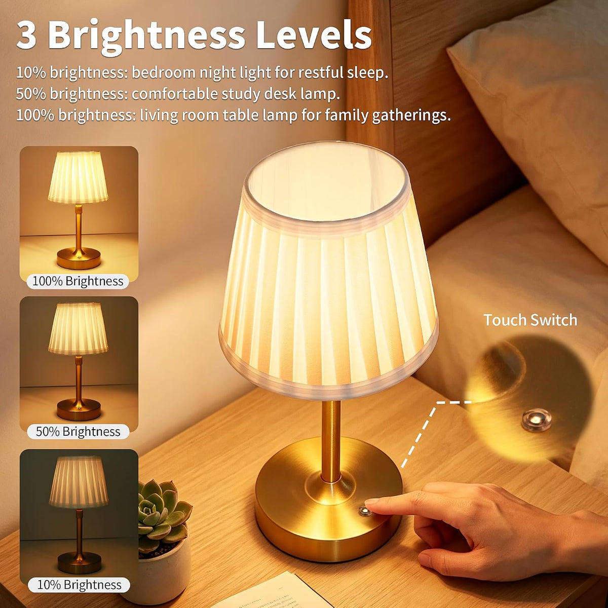Cordless Rechargeable LED Table Lamp with Telescopic Pole, 5200mAh Touch Control 3-Level Brightness Battery Powered Table Light, for Kitchen Patio Restaurant (Gold)