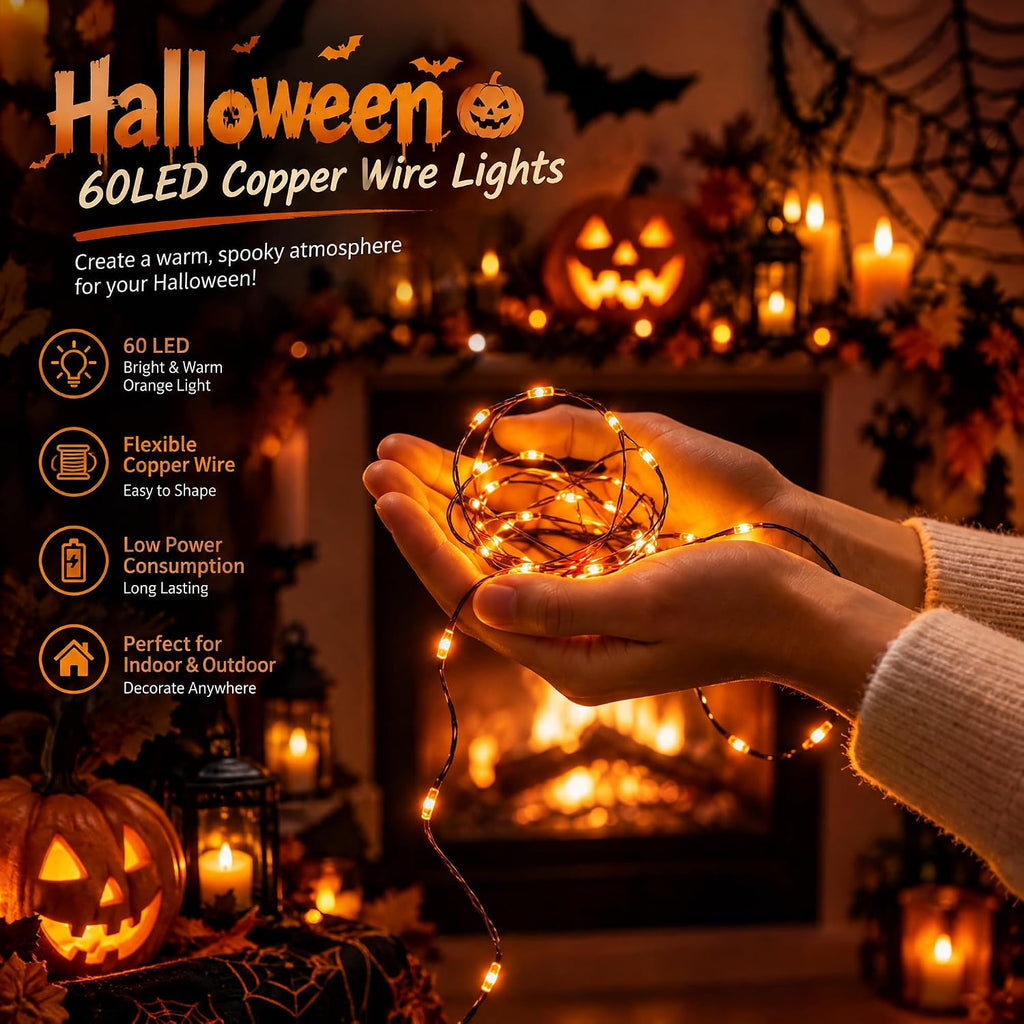 Dazzle Bright Halloween Fairy String Lights, Total 40FT 120LED Copper Wire Battery Operated Waterproof Lights, Halloween Decorations for Indoor Home Outdoor Garden Patio Yard Party Decor (Orange)