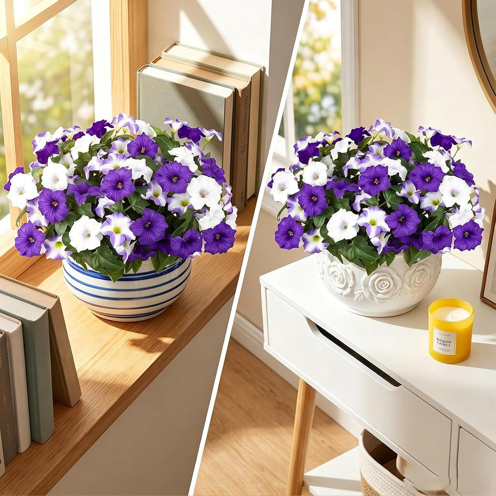 Artificial Flowers for Outdoors, Faux Petunias Spring Summer Decoration, Fake Flowers Plants UV Resistant Look Real Silk Flowers for Outside Planter Front Door Porch Patio Yard (Purple+White)