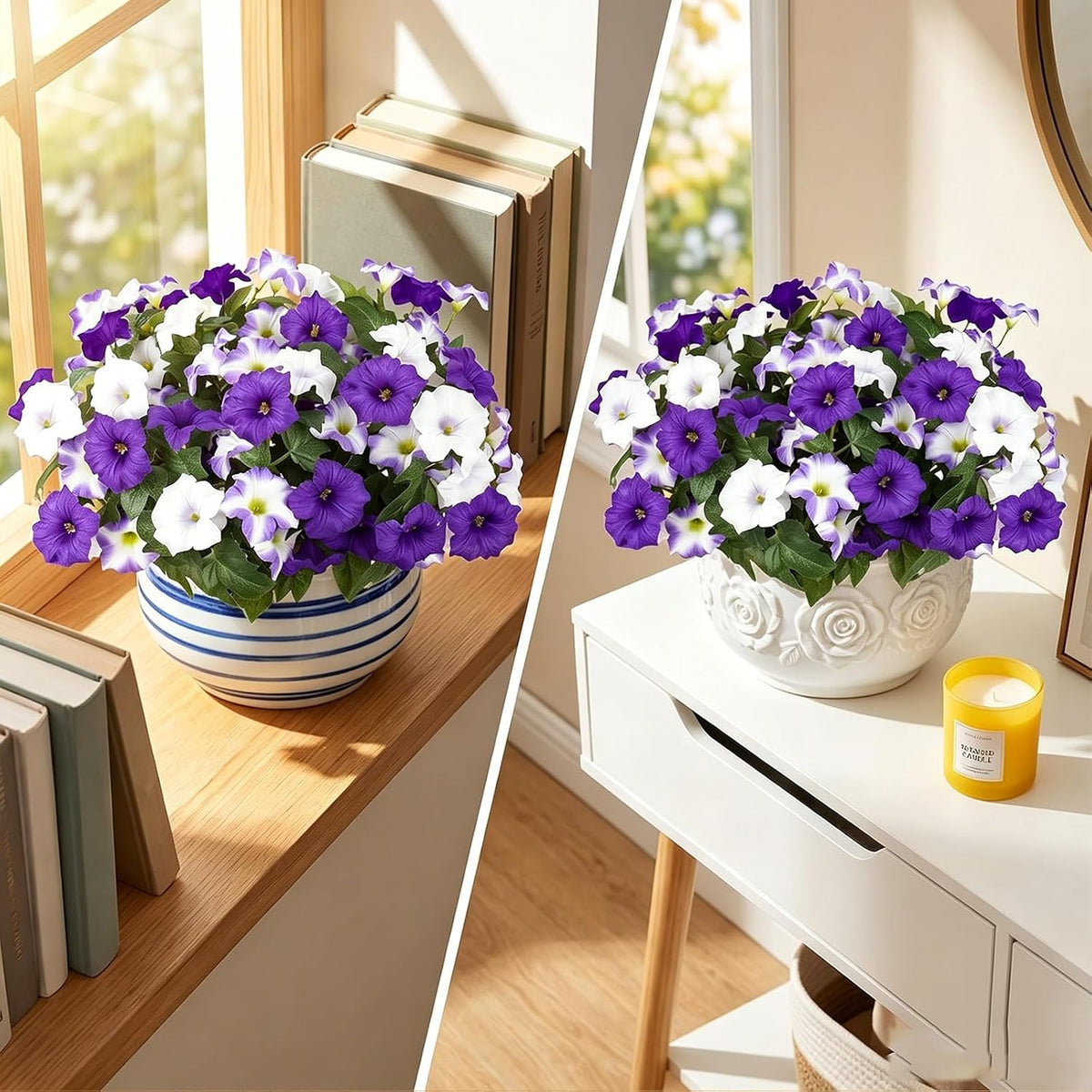 Artificial Flowers for Outdoors, Faux Petunias Spring Summer Decoration, Fake Flowers Plants UV Resistant Look Real Silk Flowers for Outside Planter Front Door Porch Patio Yard (Purple+White)