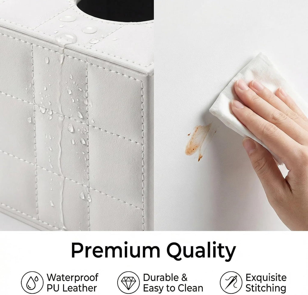 Square PU Leather Tissue Box Cover Holder with Magnetic Bottom(White Grid)