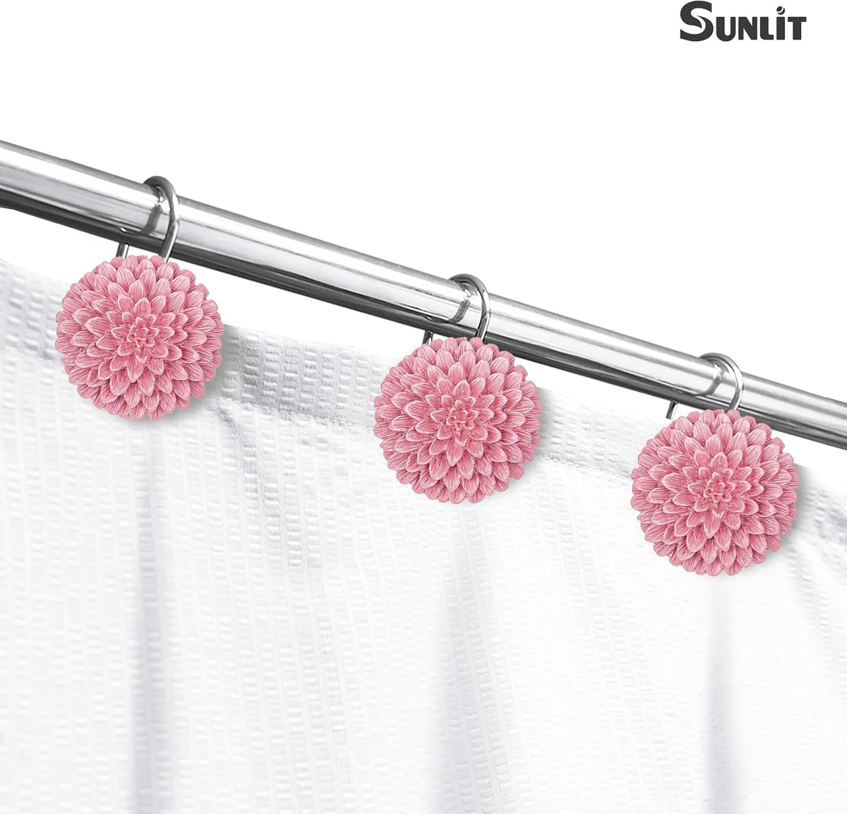 Sunlit Decorative Floral Shower Curtain Hooks, Dahlia Pinnata Flower Shower Curtain Rings, Resin, Bathroom Decoration Pink Shower Curtain Hooks-12 Pack