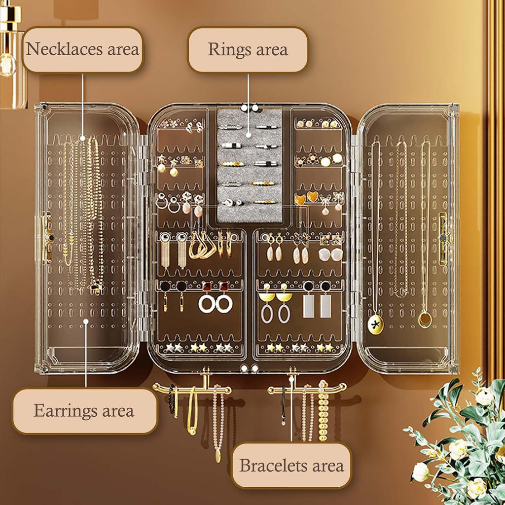 Wall Mounted Jewelry Organizer, No Punching Installation, Hanging Jewelry Organizer Box and Storage Case, Necklace Earring Holder Organizer Wall for Women Teen Girls (Gray Gold)