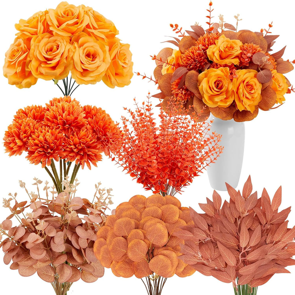 Yinder 120 Pcs Orange Artificial Eucalyptus Stems and Faux Flowers, Fall