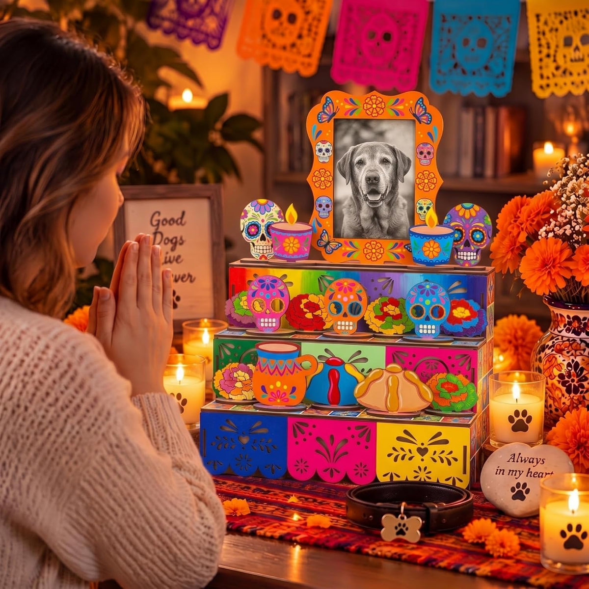 Geelin Dia De Los Muertos Ofrenda Altar Wooden Shadow Box, Traditional