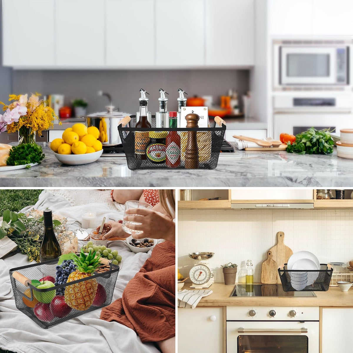 2 Pack 12" Wide Metal Mesh Baskets with Bamboo Handles for Pantry Organization | Wire Storage Bins for Kitchen, Cabinet, Fruit & Snacks | Decorative Farmhouse Style Organizer