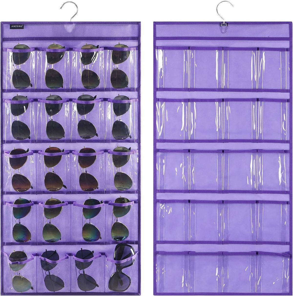 Dual Sided Hanging Sunglasses Organizer Storage Wall Mounted Eyeglasses Holder Eyewear Display Case with 40 Clear Slots (40 Pockets-Purple)