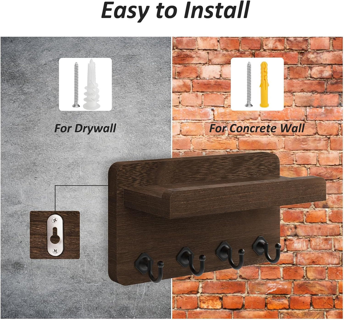 Nekon Key Holder Wall Mount, 8.5 Inch Small Wooden Wall Organizer, Brown