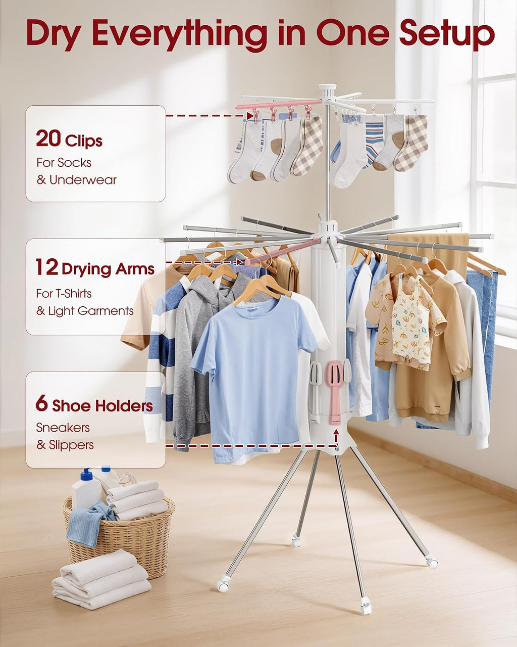 Sakugi Foldable Clothes Drying Rack, 12 Steel Arms, Silent Wheels, 71" H