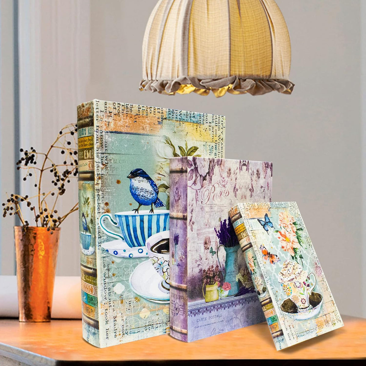 Fake Book Storage Box Decorative Flower Bird Pattern Set of 3