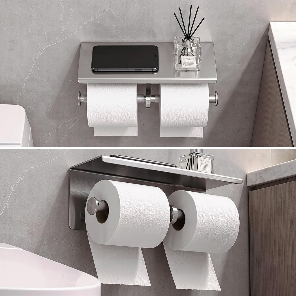 Double Toilet Paper Holder Tissue Roll Rack with Phone Storage Shelf