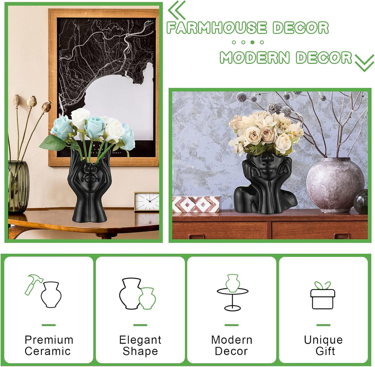 Sieral 3 Pcs Ceramic Face Vase Female Form Body Flower Vase, Small, Black