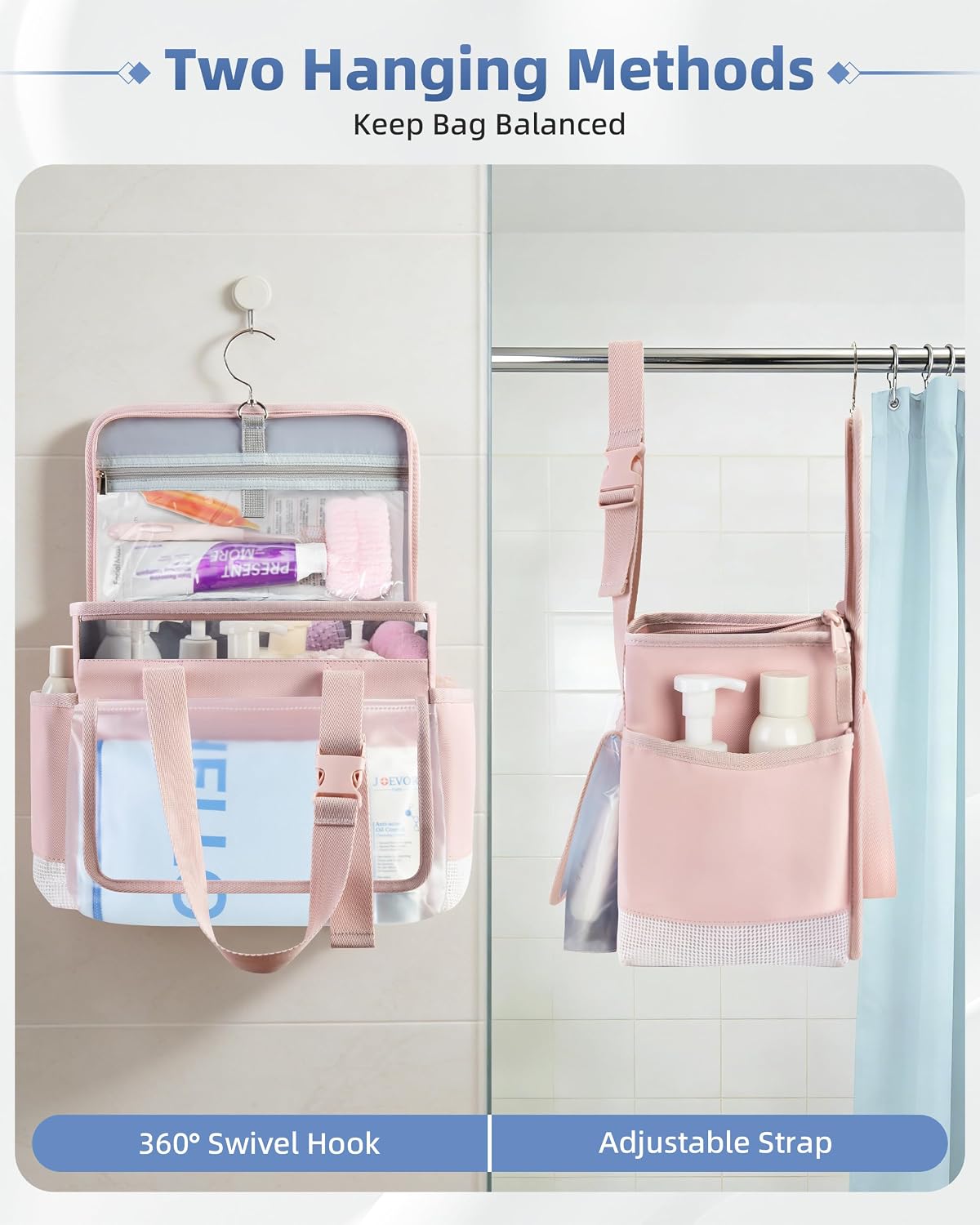 Marscamd Hanging Shower Caddy Organizer Bag with Quick Dry Mesh, Pink