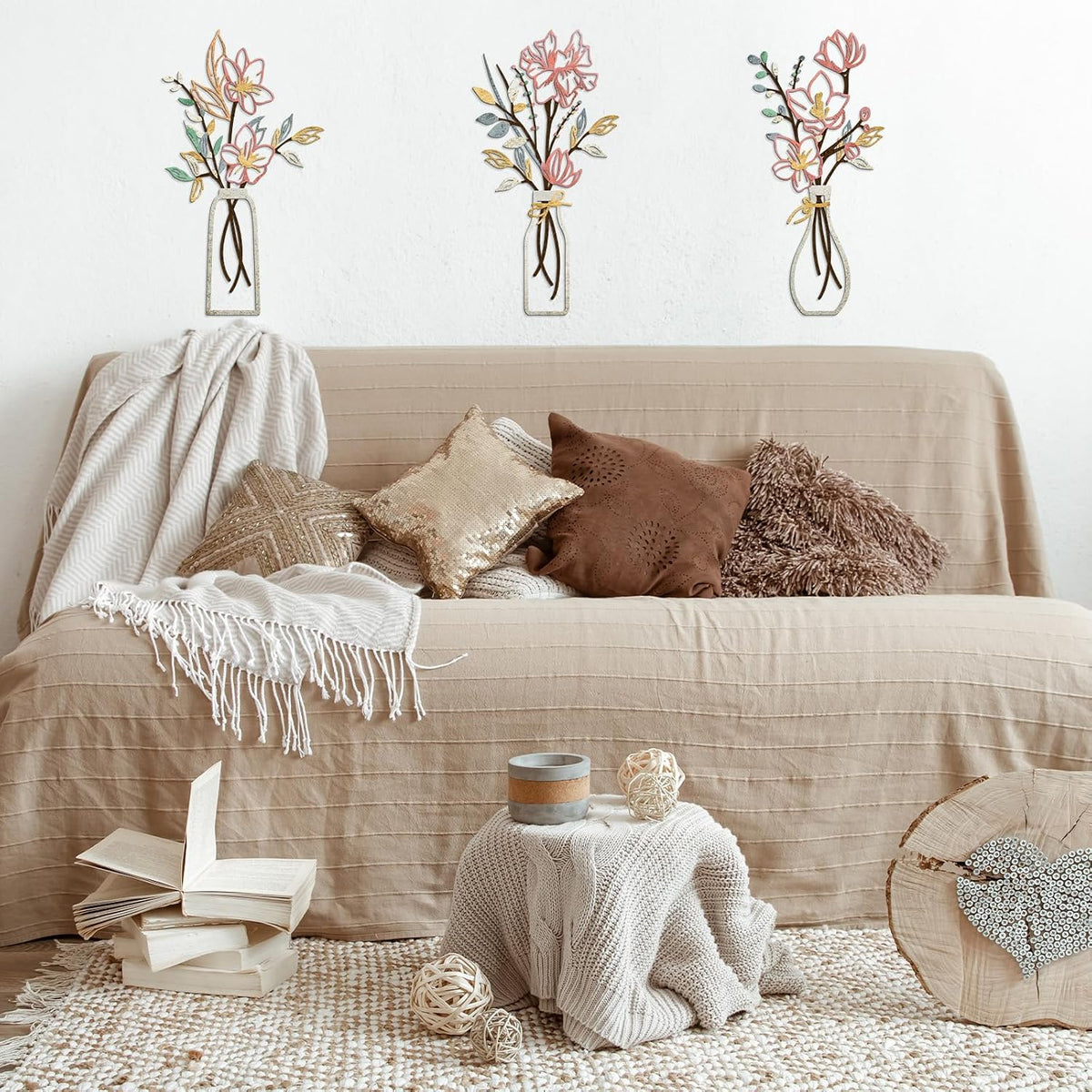 ARTINME 3 Pieces Metal Flowers Wall Arts - Pink and Beige Rustic Farmhouse Decor Minimalist Flower Wall Decors for Living room Bathroom Kitchen Bedroom Dining Room - Housewarming Gifts