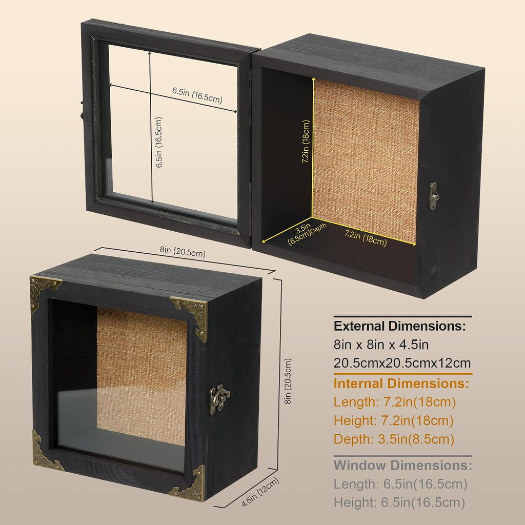 Deep Shadow Box Frame 8x8, 4.7" Depth Display Case with Real Glass Door, Black Solid Wood Memory Box with Vintage Metal Corners for Photos, Medals, Flowers, Wedding Keepsakes