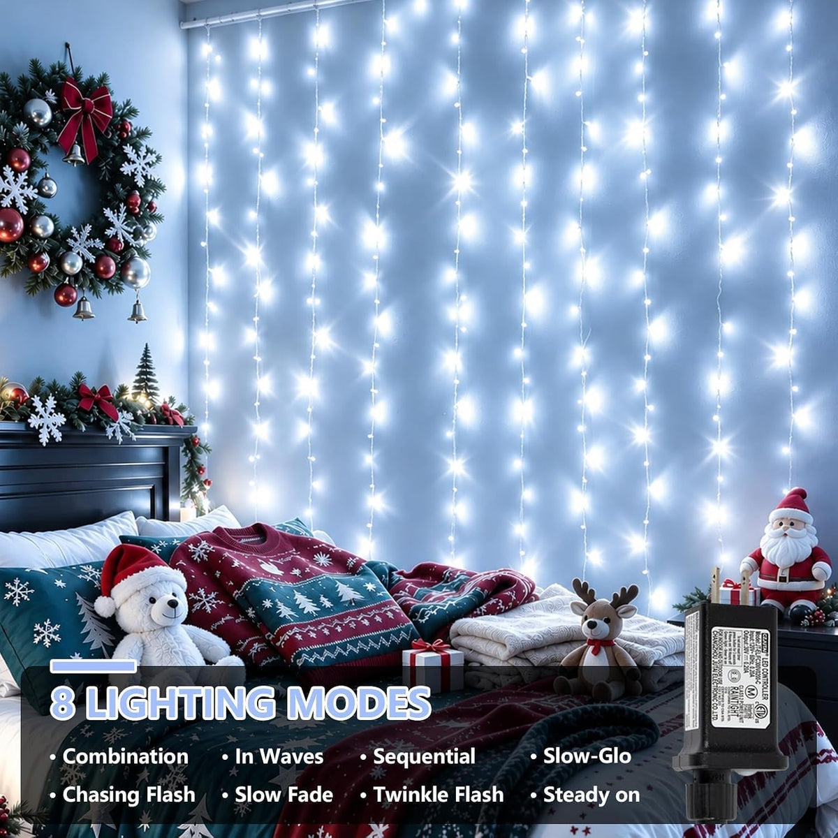 YEGUO 300 LED White Christmas Lights, Curtain Lights Plug in, 8 Modes Hanging String Lights for Bedroom Wall Window Backdrop Indoor Outdoor Party Xmas Decorations-9.8x9.8ft