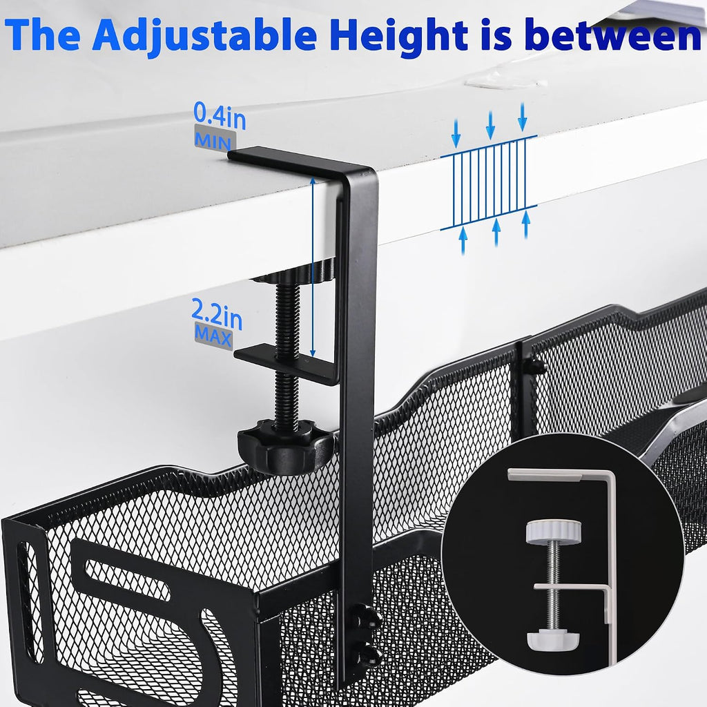 Under Desk Cable Management Tray 25.3 Inch, Clamp-On Cable Organizer Box for Standing Desks, No Drill Cord Management Under Desk, Large Desk Wire Organizer for Office & Home, Black