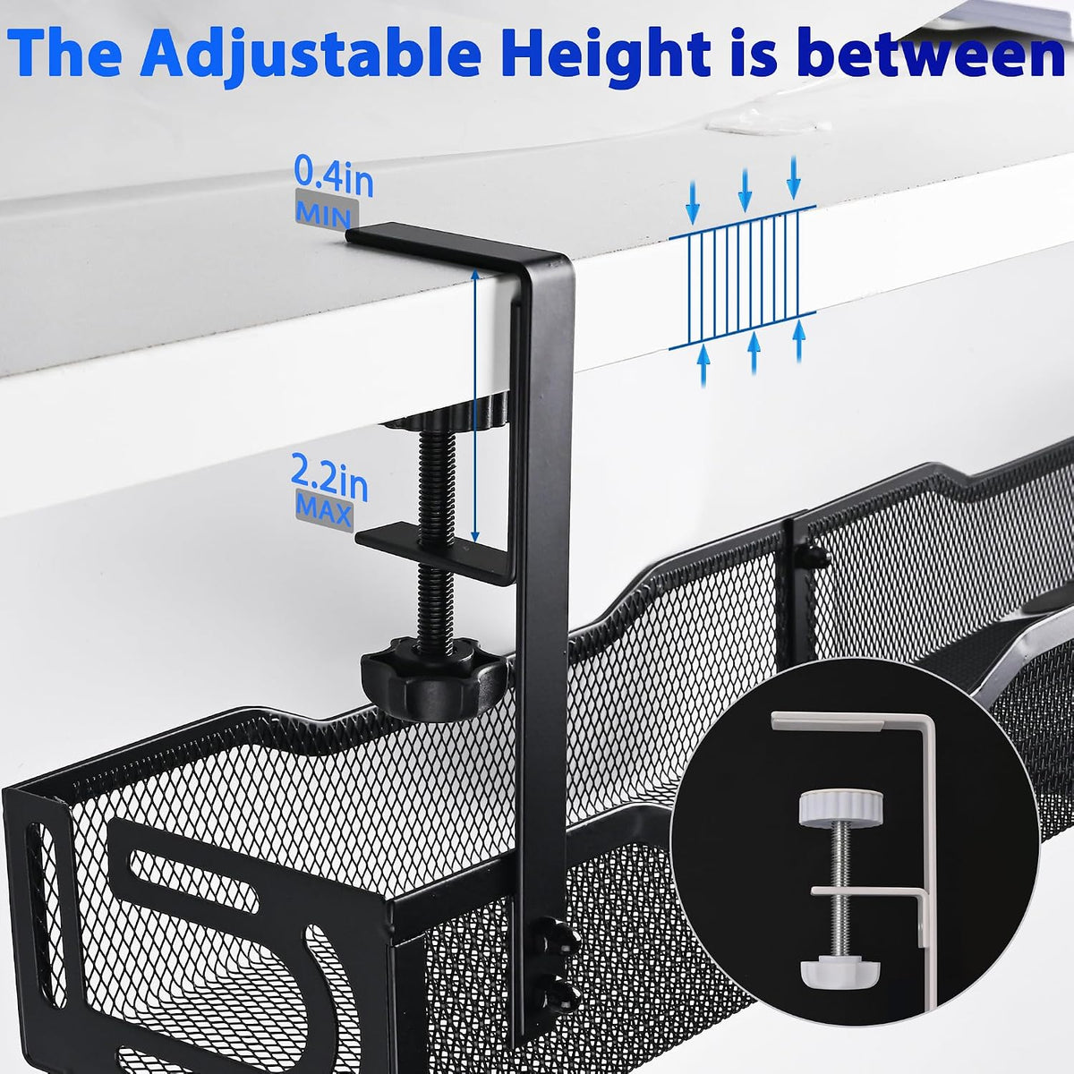 Under Desk Cable Management Tray 25.3 Inch, Clamp-On Cable Organizer Box for Standing Desks, No Drill Cord Management Under Desk, Large Desk Wire Organizer for Office & Home, Black