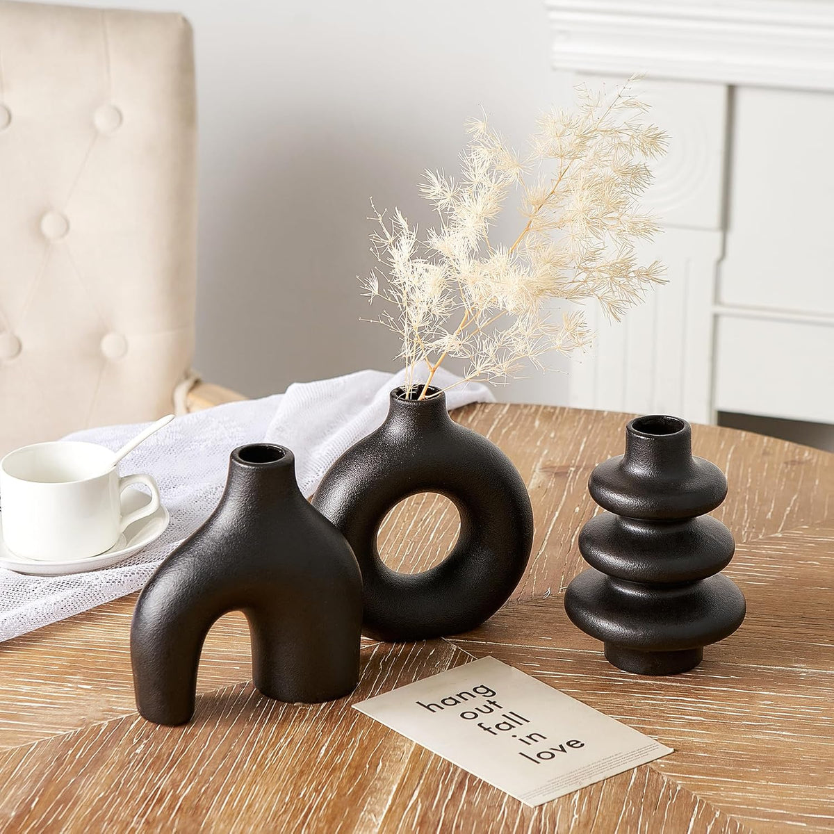 Black Ceramic Vase Set of 3, Small Flower Vases for Pampas Grass, Modern Boho Vase for Decor, Round Black Vases Centerpieces for Wedding Living Room Bedroom Coffee Table Entryway