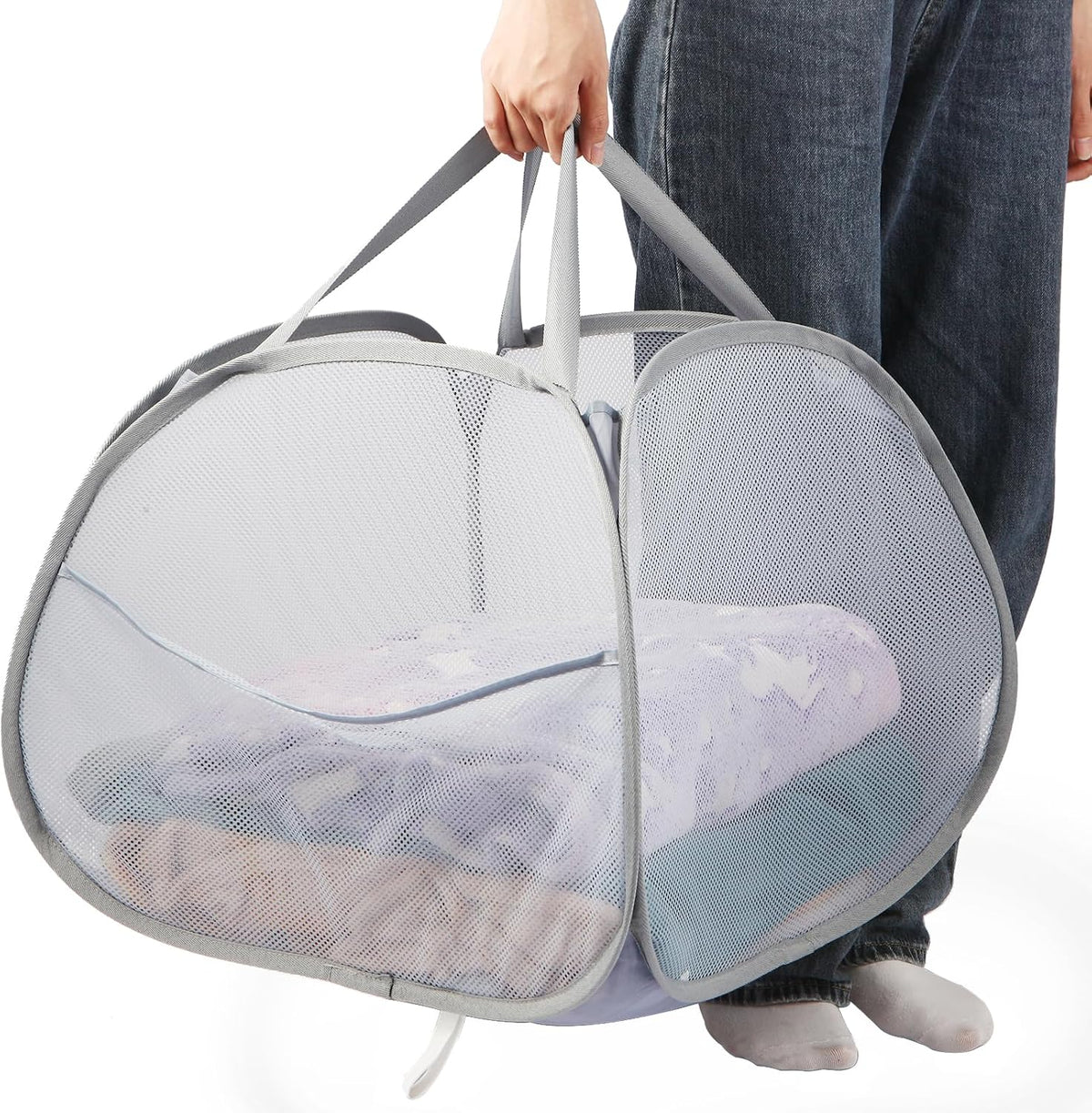 Collapsible Laundry Baskets, 90L Large Foldable Laundry Basket, Durable Mesh Pop Up Hampers for Laundry, Dirty Clothes Laundry Hamper for Bedroom, Bathroom, Dorm, Laundry Room, Travel or Camping Grey