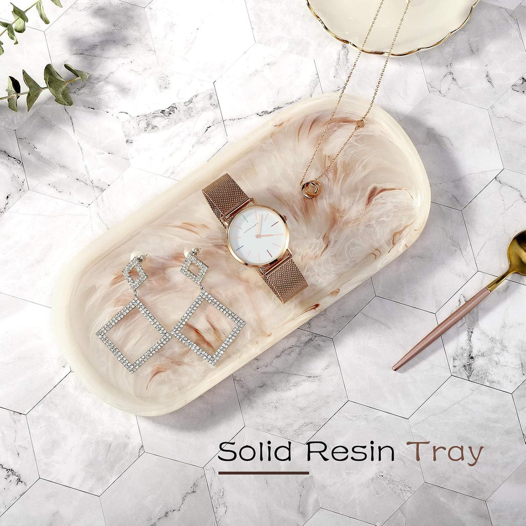 Emibele Jewelry Organizer Oval Resin Tray, Bathroom Kitchen Dresser Vanity Tray Jewelry Dish Ring Holder Cosmetic Organizer for Candle Perfume Soap Shampoo Small Plant Home Decor, Ink Khaki